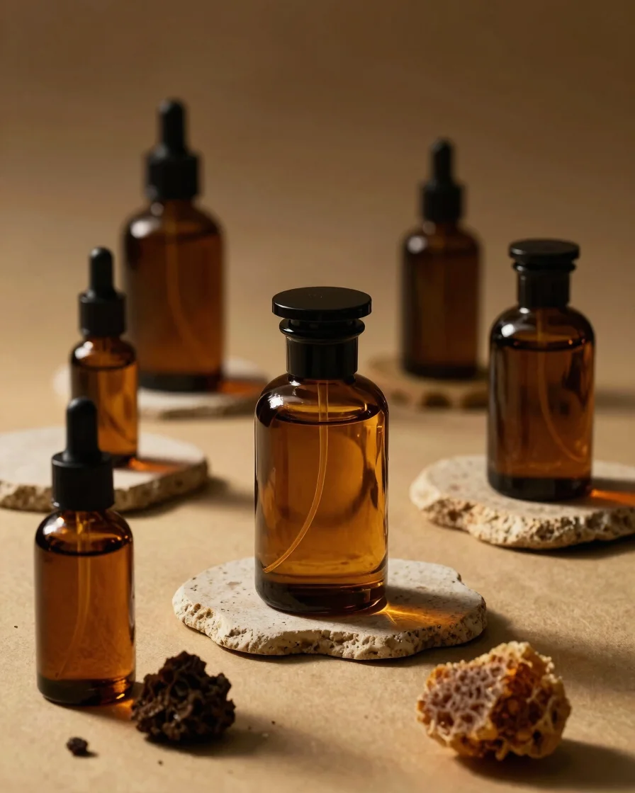 Warm editorial studio photography showing dark amber glass perfume flacons and raw scent ingredients like resins on natu